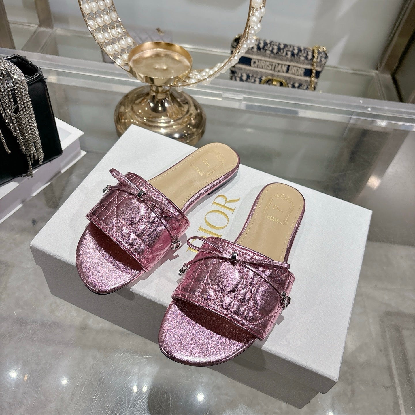 CD 26s Slippers Metallic Pink Beige Calfskin 679868