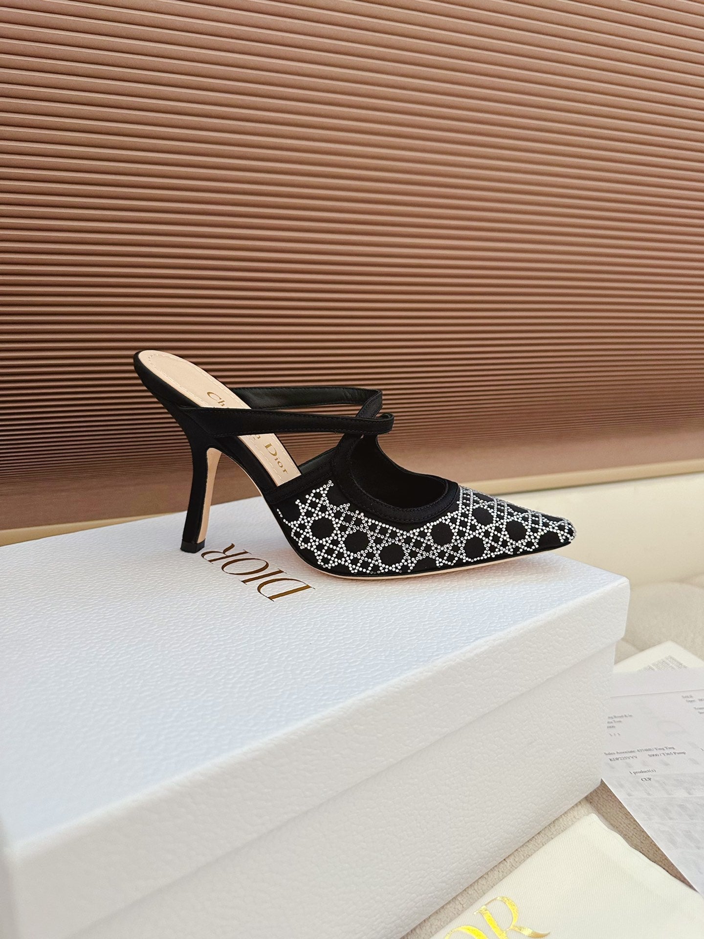 CD 26 High Heel Mule 95 Black Beige Mesh Fabric Sheepskin 614895