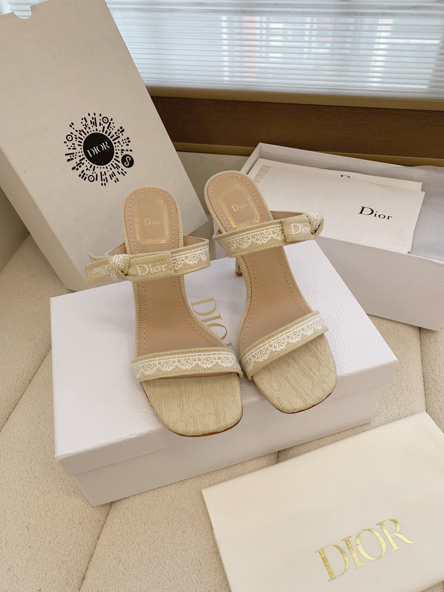 CD 26s High Heel Sandal 100 Beige Canvas Sheepskin  664179