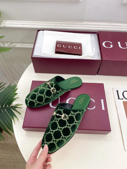GG 26 Horsebit Flat Mules Rhinestones Dark Green Velvet 587082