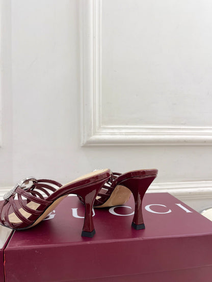 GG 26 High-Heeled Mules 85 Dark Red Beige Patent Leather 587085