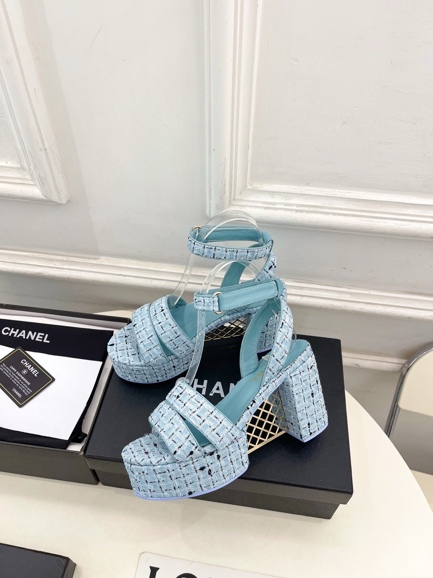 CC 26s HighHeeled Platform Sandals 85 Light Blue Tweed 631865