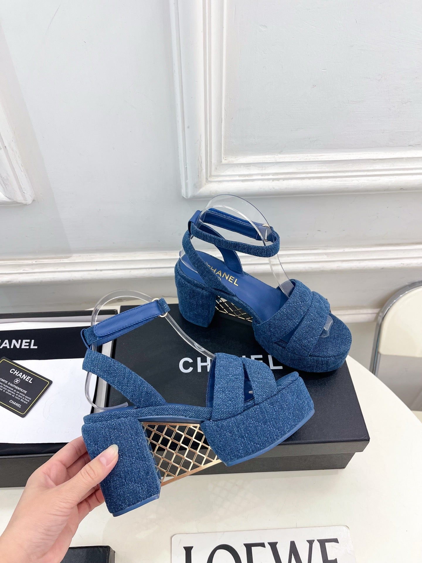 CC 26s HighHeeled Platform Sandals 85 Dark Blue Denim 631871