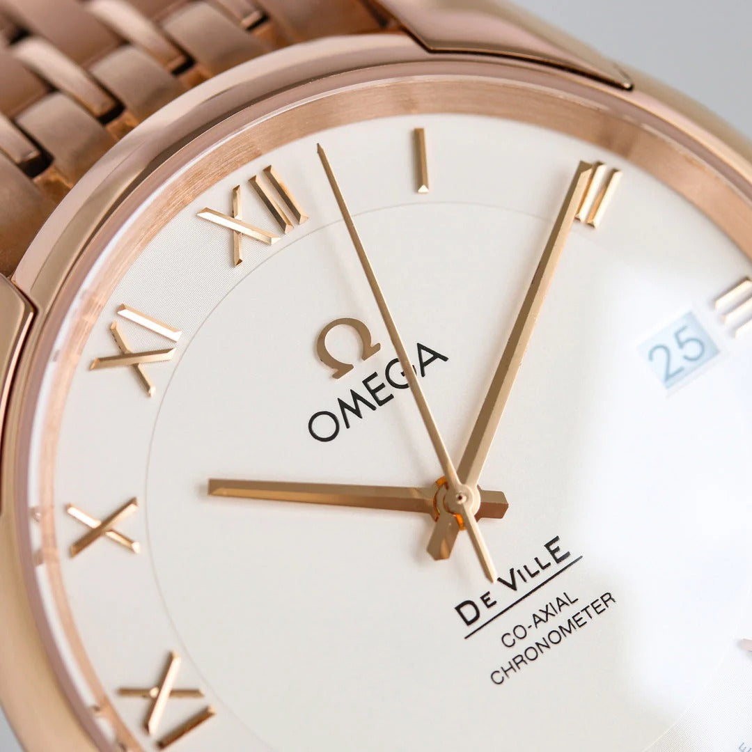 Omega De Ville Co-Axial Chronometer 41mm Watch White Dial Rose Gold Strap