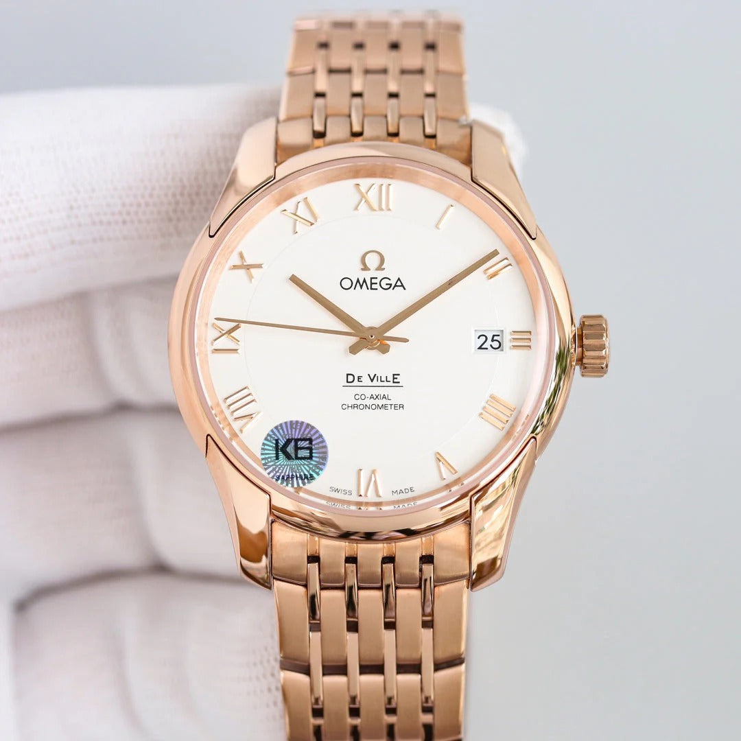 Omega De Ville Co-Axial Chronometer 41mm Watch White Dial Rose Gold Strap