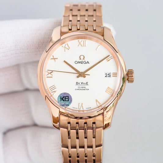 Omega De Ville Co-Axial Chronometer 41mm Watch White Dial Rose Gold Strap