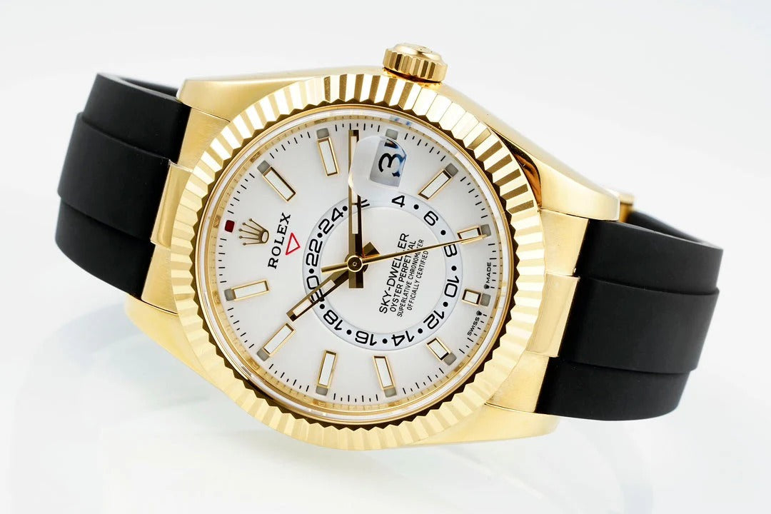 Rolex Sky-Dweller 42mm Gold Case White Dial Rubber Strap