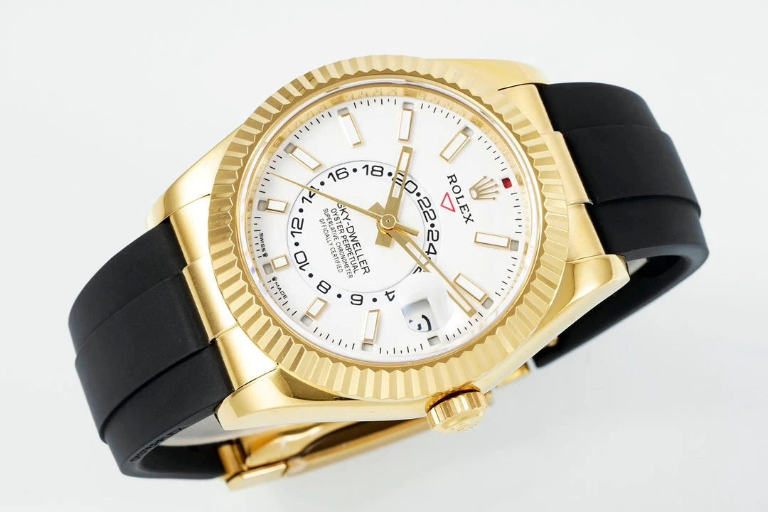 Rolex Sky-Dweller 42mm Gold Case White Dial Rubber Strap