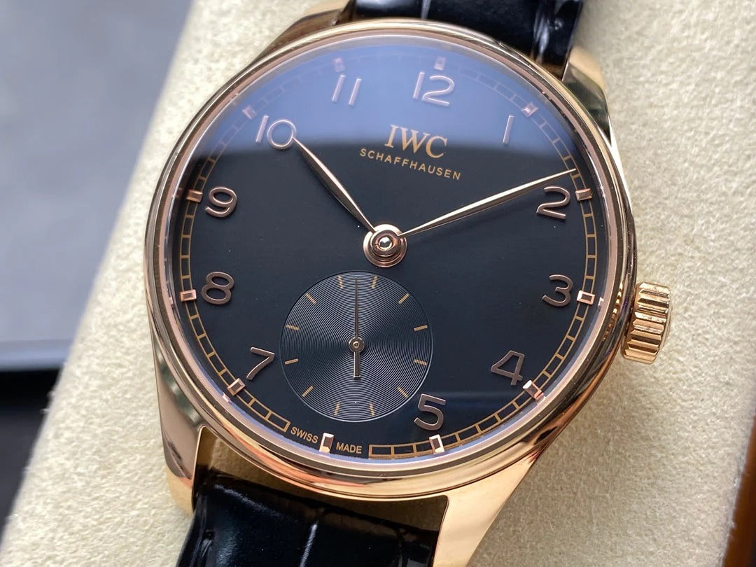 IWC Portuguese 40.4mm Black Dial Pink Gold Case Crocodile Leather