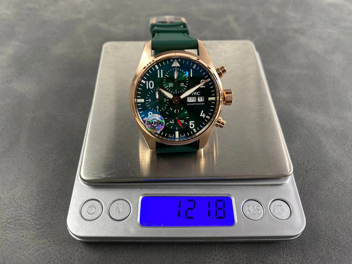 IWC Pilot's Chronograph 41 Pink Gold Case Green Dial Rubber Strap