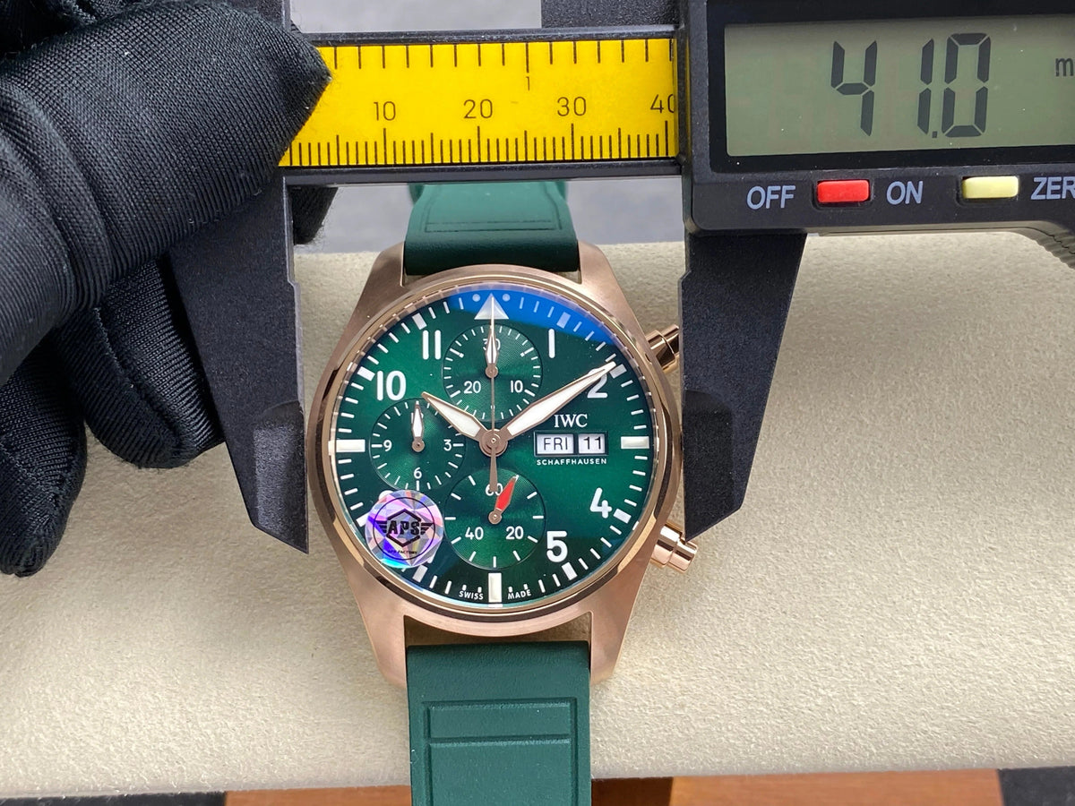 IWC Pilot's Chronograph 41 Pink Gold Case Green Dial Rubber Strap
