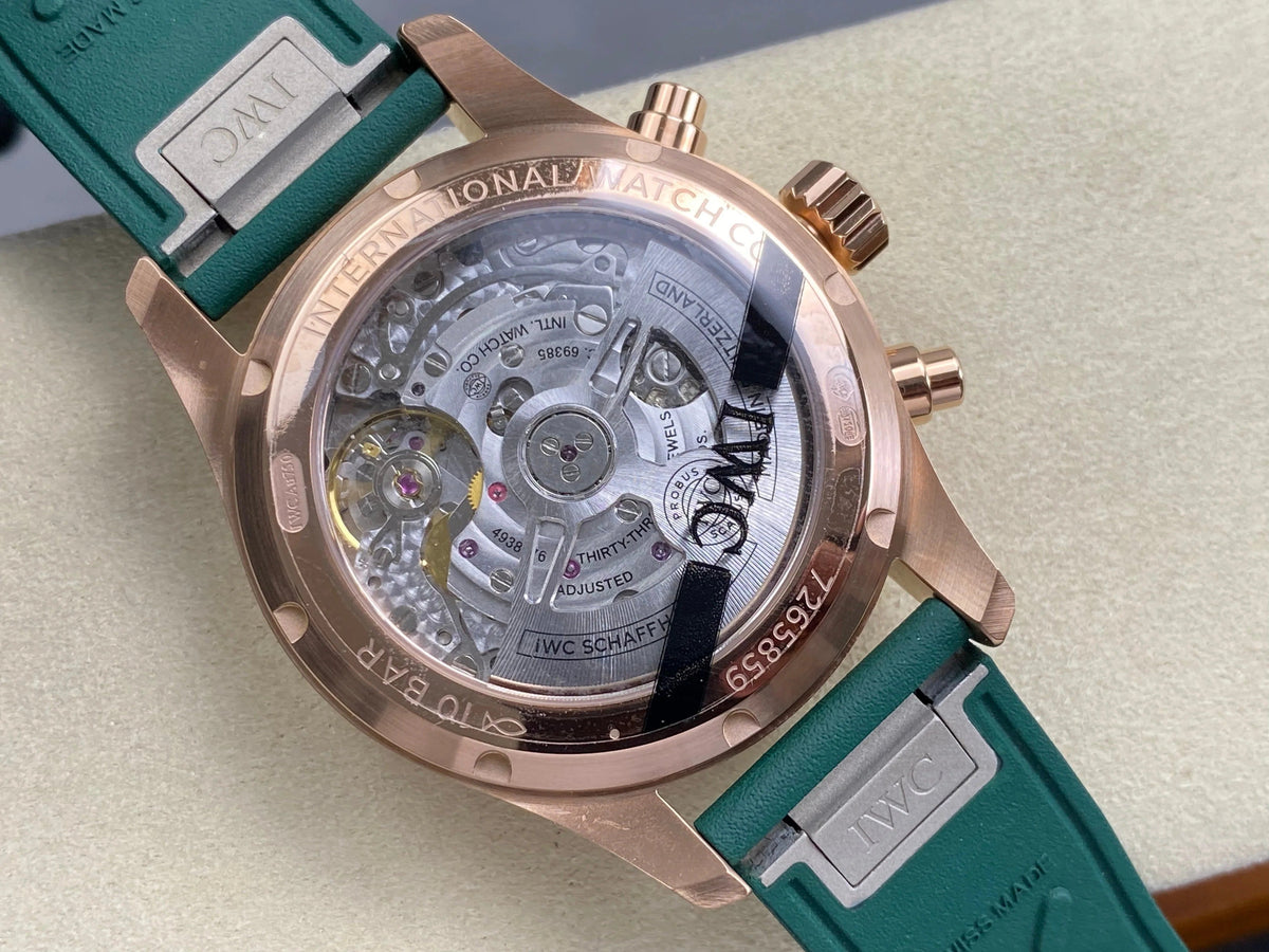 IWC Pilot's Chronograph 41 Pink Gold Case Green Dial Rubber Strap