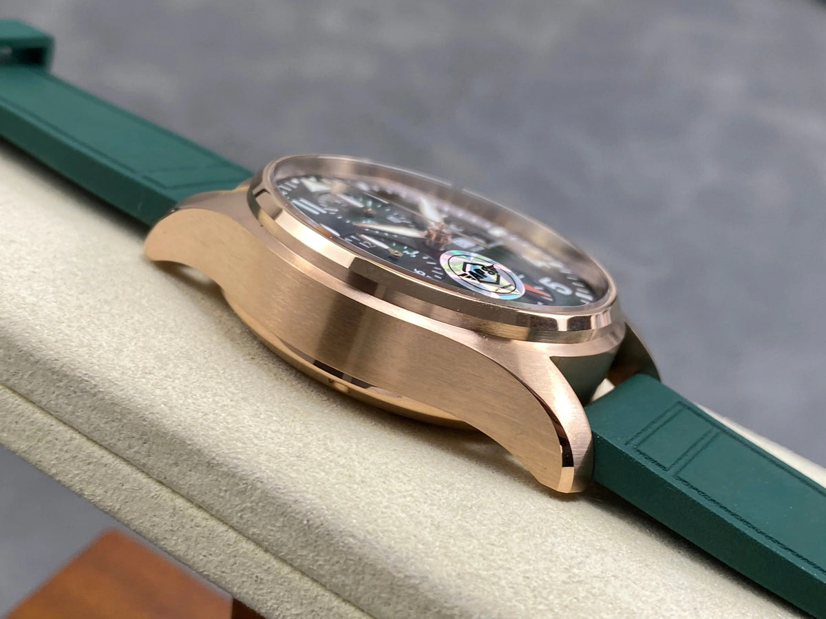 IWC Pilot's Chronograph 41 Pink Gold Case Green Dial Rubber Strap